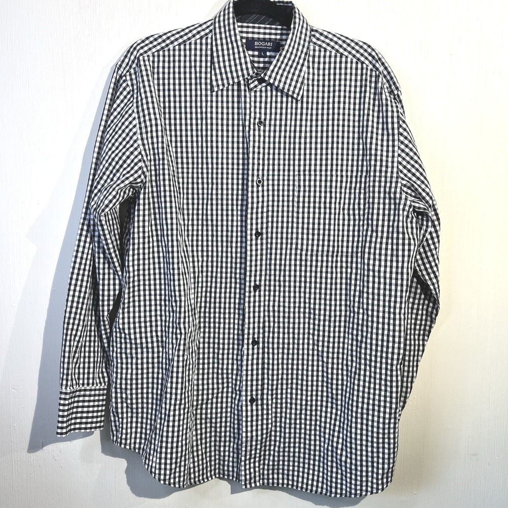 Bogari Mens Black White Gingham Check Long Sleeve Button Down Shirt Large L‎
